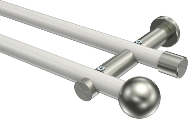 Gardinenstange Metall 20 mm Ø 2-läufig PLATON - Luino Weiß / Edelstahl-Optik (ohne Ringe) 100 cm