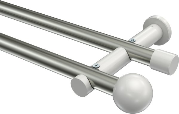 Gardinenstange Metall 20 mm Ø 2-läufig PLATON - Luino Edelstahl-Optik / Weiß (ohne Ringe) 100 cm