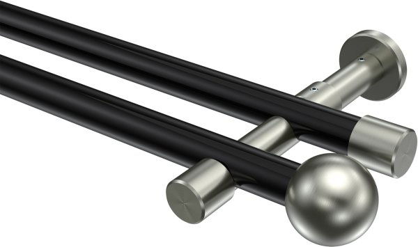 Gardinenstange Metall 20 mm Ø 2-läufig PRESTIGE - Luino Schwarz / Edelstahl-Optik (ohne Ringe) 100 cm