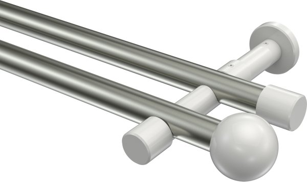 Gardinenstange Metall 20 mm Ø 2-läufig PRESTIGE - Luino Edelstahl-Optik / Weiß (ohne Ringe) 100 cm