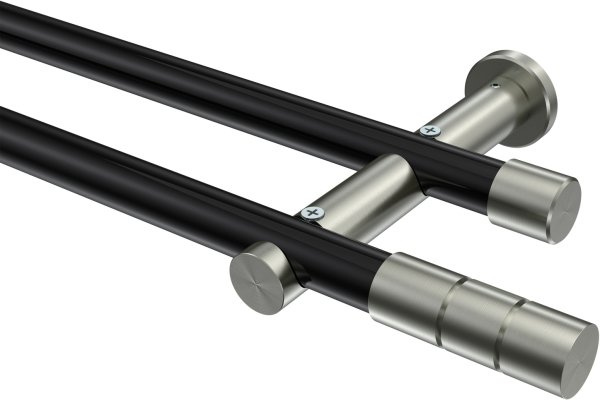 Gardinenstange Metall 20 mm Ø 2-läufig PLATON - Elanto Schwarz / Edelstahl-Optik (ohne Ringe) 100 cm