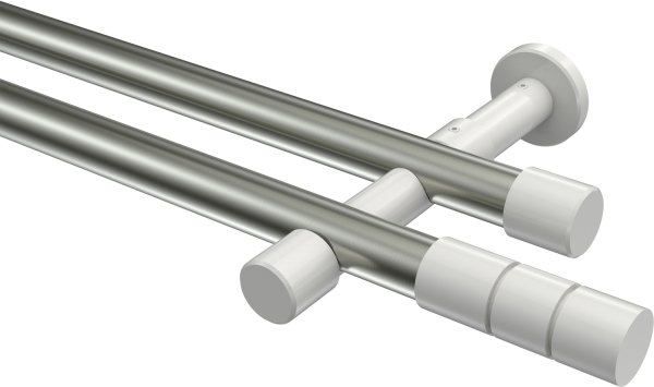 Gardinenstange Metall 20 mm Ø 2-läufig PRESTIGE - Elanto Edelstahl-Optik / Weiß (ohne Ringe) 100 cm
