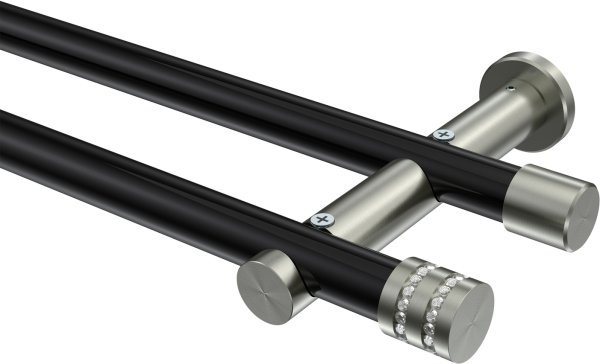 Gardinenstange Metall 20 mm Ø 2-läufig PLATON - Estana Schwarz / Edelstahl-Optik (ohne Ringe) 100 cm