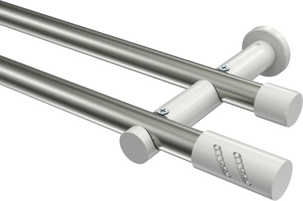 Gardinenstange Metall 20 mm Ø 2-läufig PLATON - Zoena Edelstahl-Optik / Weiß (ohne Ringe) 100 cm
