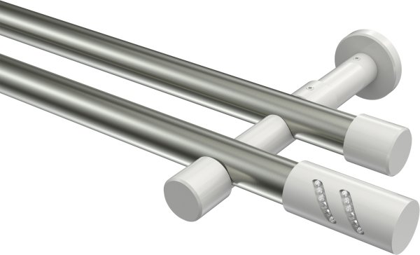 Gardinenstange Metall 20 mm Ø 2-läufig PRESTIGE - Zoena Edelstahl-Optik / Weiß (ohne Ringe) 100 cm