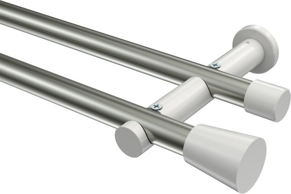 Gardinenstange Metall 20 mm Ø 2-läufig PLATON - Sitra Edelstahl-Optik / Weiß (ohne Ringe) 100 cm