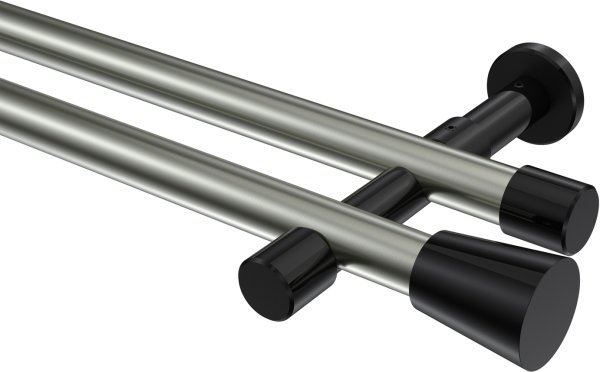 Gardinenstange Metall 20 mm Ø 2-läufig PRESTIGE - Sitra Edelstahl-Optik / Schwarz (ohne Ringe) 100 cm