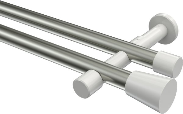 Gardinenstange Metall 20 mm Ø 2-läufig PRESTIGE - Sitra Edelstahl-Optik / Weiß (ohne Ringe) 100 cm