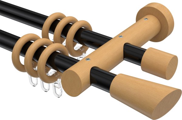 Gardinenstange Metall / Holz 20 mm Ø 2-läufig TALENA - Bero Schwarz / Buche lackiert 100 cm