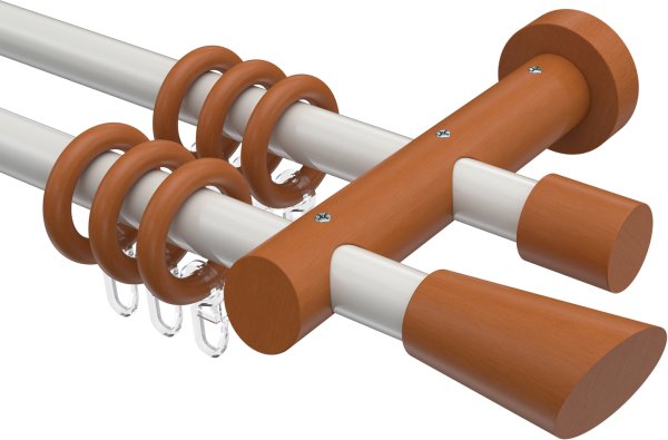 Gardinenstange Metall / Holz 20 mm Ø 2-läufig TALENA - Bero Weiß / Kirschbaum lackiert 100 cm