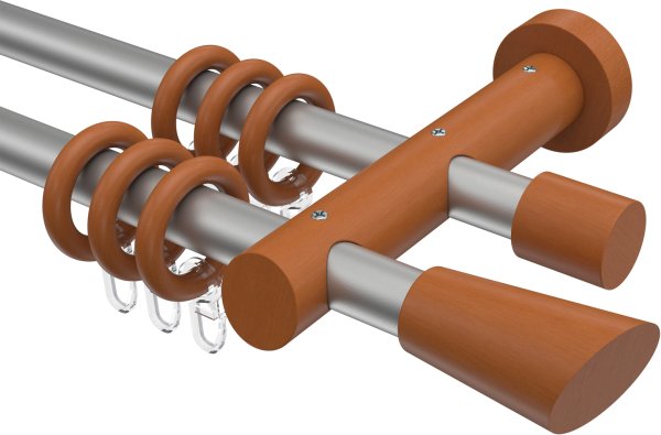 Gardinenstange Metall / Holz 20 mm Ø 2-läufig TALENA - Bero Silbergrau / Kirschbaum lackiert 100 cm