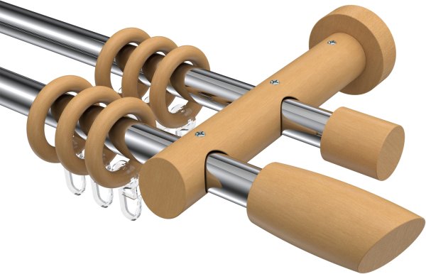 Gardinenstange Metall / Holz 20 mm Ø 2-läufig TALENA - Etta Chrom / Buche lackiert 100 cm