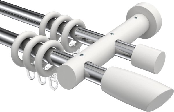 Gardinenstange Metall / Holz 20 mm Ø 2-läufig TALENA - Etta Chrom / Weiß lackiert 100 cm