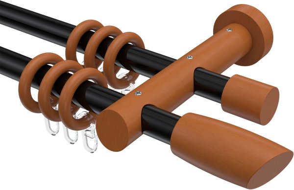 Gardinenstange Metall / Holz 20 mm Ø 2-läufig TALENA - Etta Schwarz / Kirschbaum lackiert 100 cm