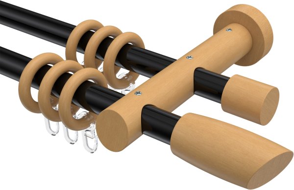 Gardinenstange Metall / Holz 20 mm Ø 2-läufig TALENA - Etta Schwarz / Buche lackiert 100 cm