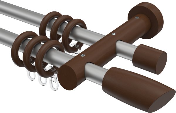 Gardinenstange Metall / Holz 20 mm Ø 2-läufig TALENA - Etta Silbergrau / Nussbaum lackiert 100 cm