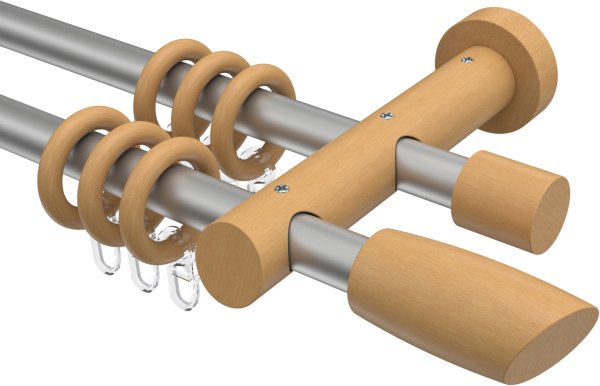 Gardinenstange Metall / Holz 20 mm Ø 2-läufig TALENA - Etta Silbergrau / Buche lackiert 100 cm