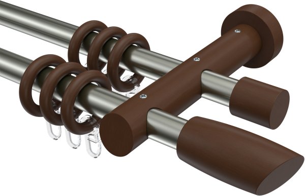 Gardinenstange Metall / Holz 20 mm Ø 2-läufig TALENA - Etta Edelstahl-Optik / Nussbaum lackiert 100 cm