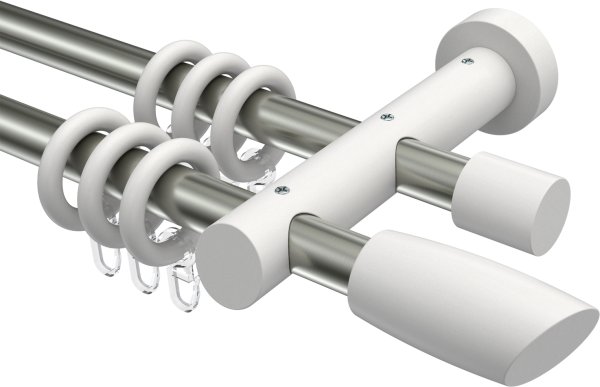 Gardinenstange Metall / Holz 20 mm Ø 2-läufig TALENA - Etta Edelstahl-Optik / Weiß lackiert 100 cm