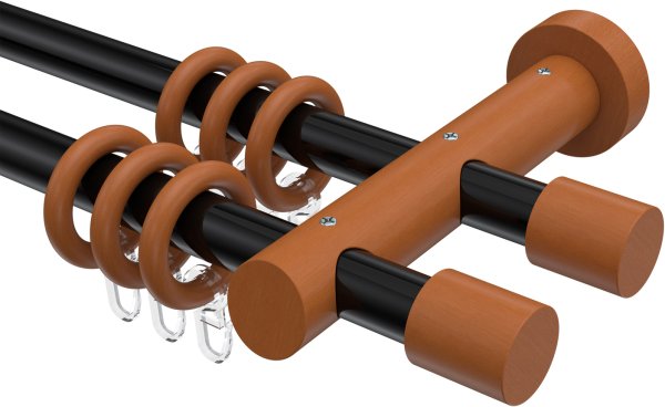 Gardinenstange Metall / Holz 20 mm Ø 2-läufig TALENA - Feta Schwarz / Kirschbaum lackiert 100 cm