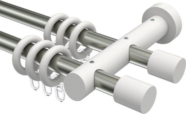 Gardinenstange Metall / Holz 20 mm Ø 2-läufig TALENA - Feta Edelstahl-Optik / Weiß lackiert 100 cm