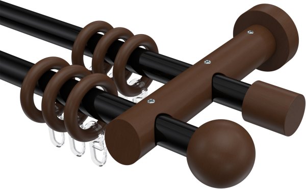 Gardinenstange Metall / Holz 20 mm Ø 2-läufig TALENA - Luina Schwarz / Nussbaum lackiert 100 cm