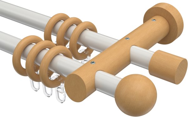 Gardinenstange Metall / Holz 20 mm Ø 2-läufig TALENA - Luina Weiß / Buche lackiert 100 cm