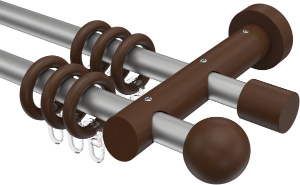 Gardinenstange Metall / Holz 20 mm Ø 2-läufig TALENA - Luina Silbergrau / Nussbaum lackiert 100 cm