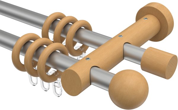 Gardinenstange Metall / Holz 20 mm Ø 2-läufig TALENA - Luina Silbergrau / Buche lackiert 100 cm
