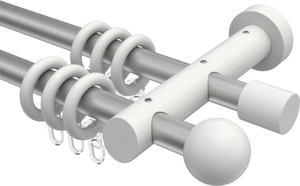 Gardinenstange Metall / Holz 20 mm Ø 2-läufig TALENA - Luina Silbergrau / Weiß lackiert 100 cm