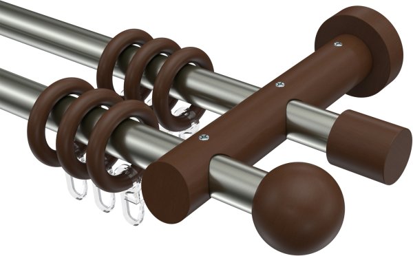 Gardinenstange Metall / Holz 20 mm Ø 2-läufig TALENA - Luina Edelstahl-Optik / Nussbaum lackiert 100 cm