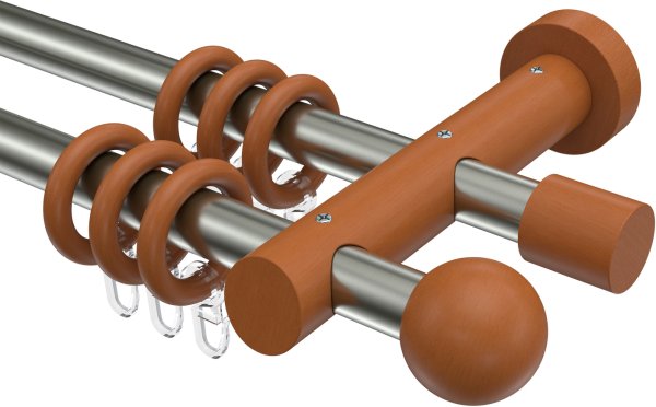 Gardinenstange Metall / Holz 20 mm Ø 2-läufig TALENA - Luina Edelstahl-Optik / Kirschbaum lackiert 100 cm