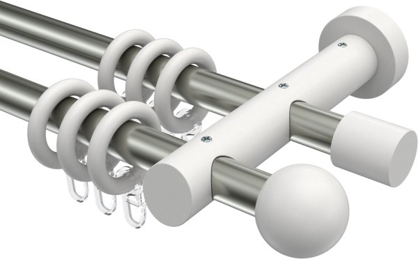 Gardinenstange Metall / Holz 20 mm Ø 2-läufig TALENA - Luina Edelstahl-Optik / Weiß lackiert 100 cm