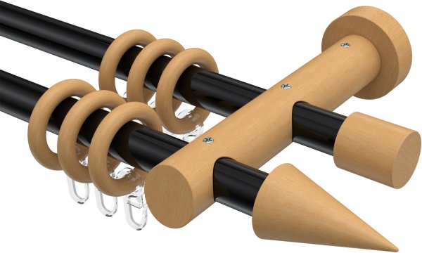 Gardinenstange Metall / Holz 20 mm Ø 2-läufig TALENA - Siveo Schwarz / Buche lackiert 100 cm
