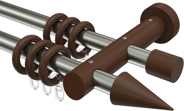 Gardinenstange Metall / Holz 20 mm Ø 2-läufig TALENA - Siveo Edelstahl-Optik / Nussbaum lackiert 100 cm