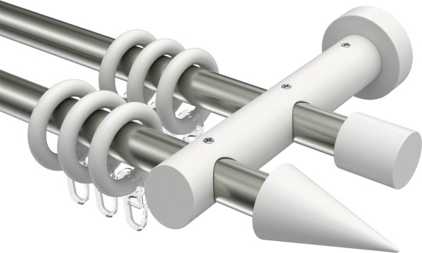 Gardinenstange Metall / Holz 20 mm Ø 2-läufig TALENA - Siveo Edelstahl-Optik / Weiß lackiert 100 cm