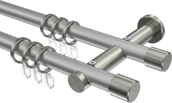Gardinenstange Metall 20 mm Ø 2-läufig PLATON - Santo Silbergrau / Edelstahl-Optik 100 cm