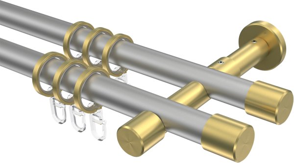 Gardinenstange Metall 20 mm Ø 2-läufig PRESTIGE - Santo Silbergrau / Messing-Optik 100 cm