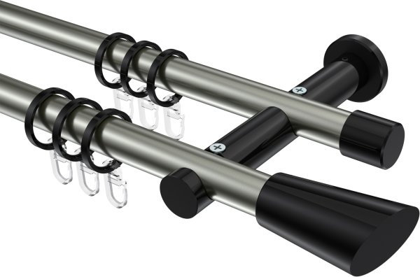 Gardinenstange Metall 20 mm Ø 2-läufig PLATON - Bento Edelstahl-Optik / Schwarz 100 cm