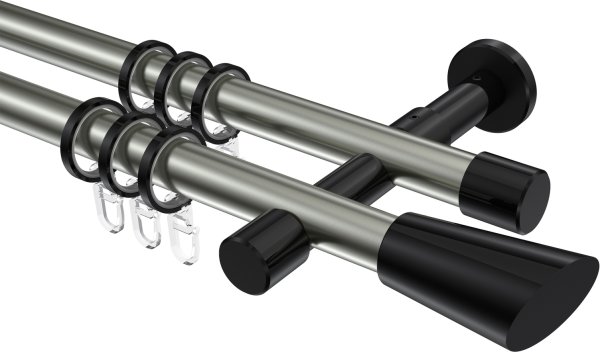Gardinenstange Metall 20 mm Ø 2-läufig PRESTIGE - Bento Edelstahl-Optik / Schwarz 100 cm