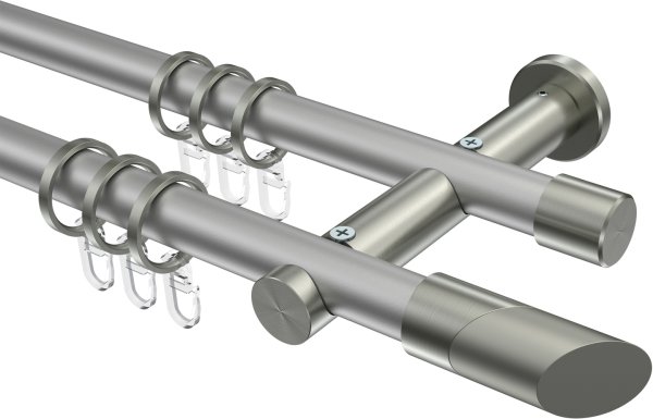 Gardinenstange Metall 20 mm Ø 2-läufig PLATON - Verano Silbergrau / Edelstahl-Optik 100 cm