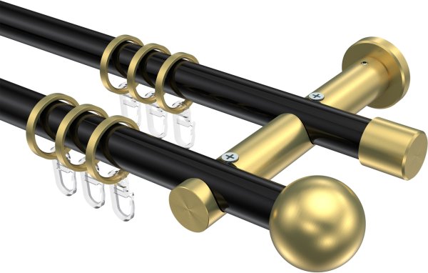Gardinenstange Metall 20 mm Ø 2-läufig PLATON - Luino Schwarz / Messing-Optik 100 cm
