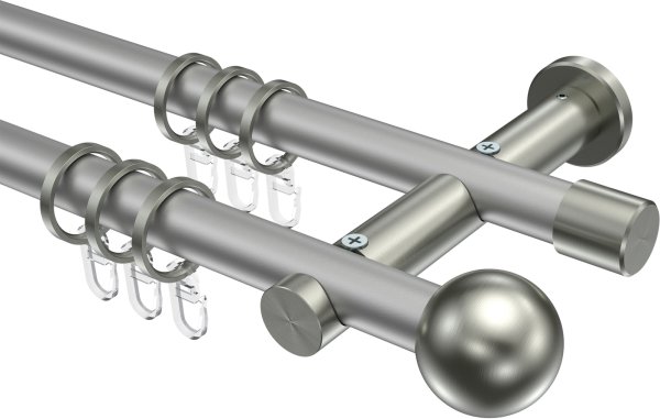 Gardinenstange Metall 20 mm Ø 2-läufig PLATON - Luino Silbergrau / Edelstahl-Optik 100 cm