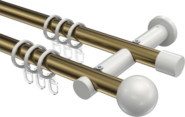 Gardinenstange Metall 20 mm Ø 2-läufig PLATON - Luino Messing Antik / Weiß 100 cm
