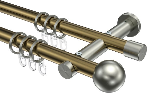 Gardinenstange Metall 20 mm Ø 2-läufig PLATON - Luino Messing Antik / Edelstahl-Optik 100 cm