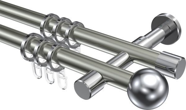 Gardinenstange Metall 20 mm Ø 2-läufig PRESTIGE - Luino Edelstahl-Optik / Chrom 100 cm