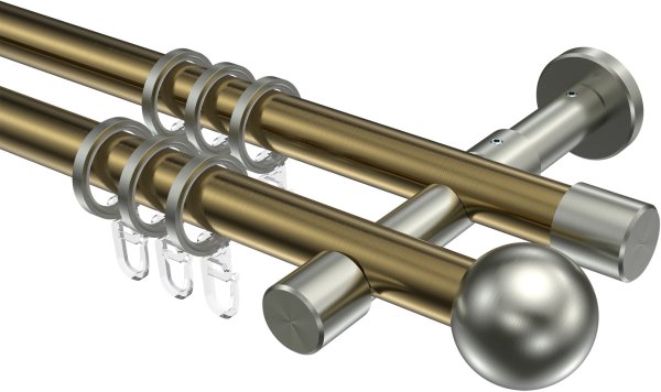 Gardinenstange Metall 20 mm Ø 2-läufig PRESTIGE - Luino Messing Antik / Edelstahl-Optik 100 cm