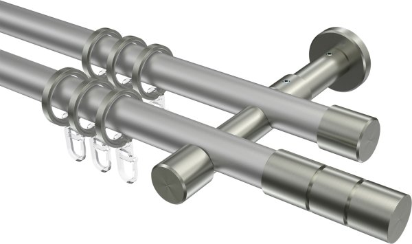 Gardinenstange Metall 20 mm Ø 2-läufig PRESTIGE - Elanto Silbergrau / Edelstahl-Optik 100 cm