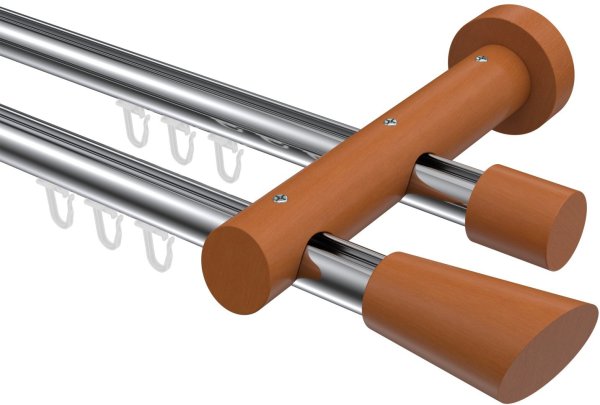 Innenlauf Gardinenstange Aluminium / Holz 20 mm Ø 2-läufig TALENT - Bero Chrom / Kirschbaum lackiert 280 cm (2 x 140 cm)