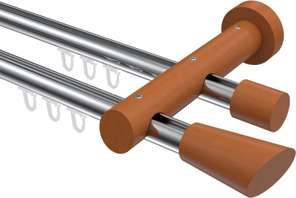 Innenlauf Gardinenstange Aluminium / Holz 20 mm Ø 2-läufig TALENT - Bero Chrom / Kirschbaum lackiert